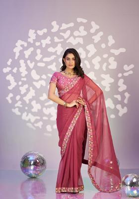 Mauve Embroidery Chiffon Saree Set