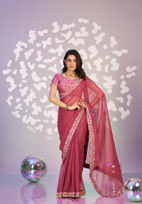 Mauve Embroidery Chiffon Saree Set
