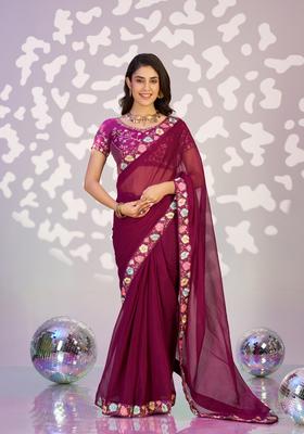 Wine Embroidery Chiffon Saree Set