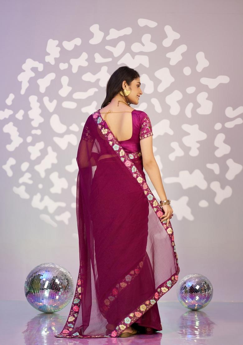 Wine Embroidery Chiffon Saree Set - Indya