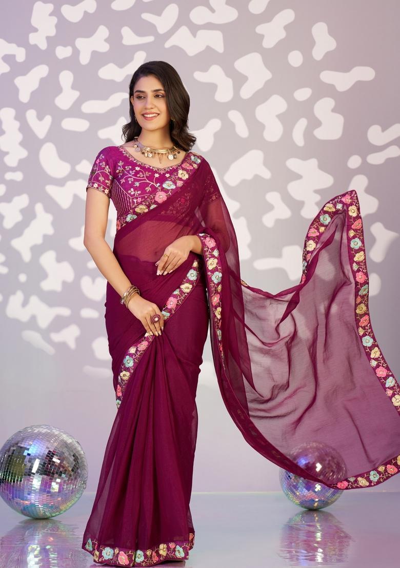 Wine Embroidery Chiffon Saree Set - Indya