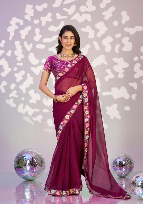 Wine Embroidery Chiffon Saree Set