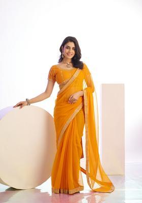 Yellow Embroidery Chiffon Saree Set