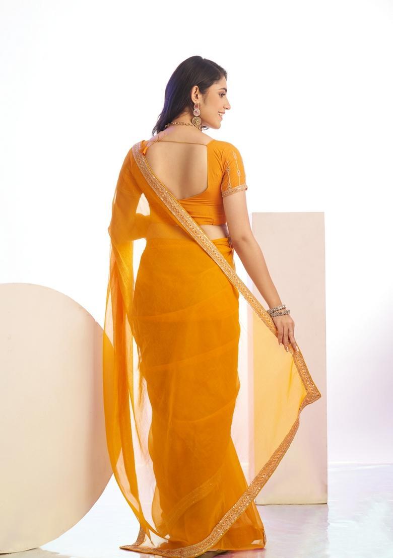 Yellow Embroidery Chiffon Saree Set - Indya