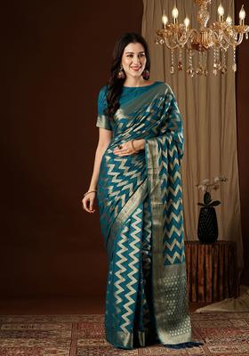 Teal Blue Zari Work Georgette Saree Set