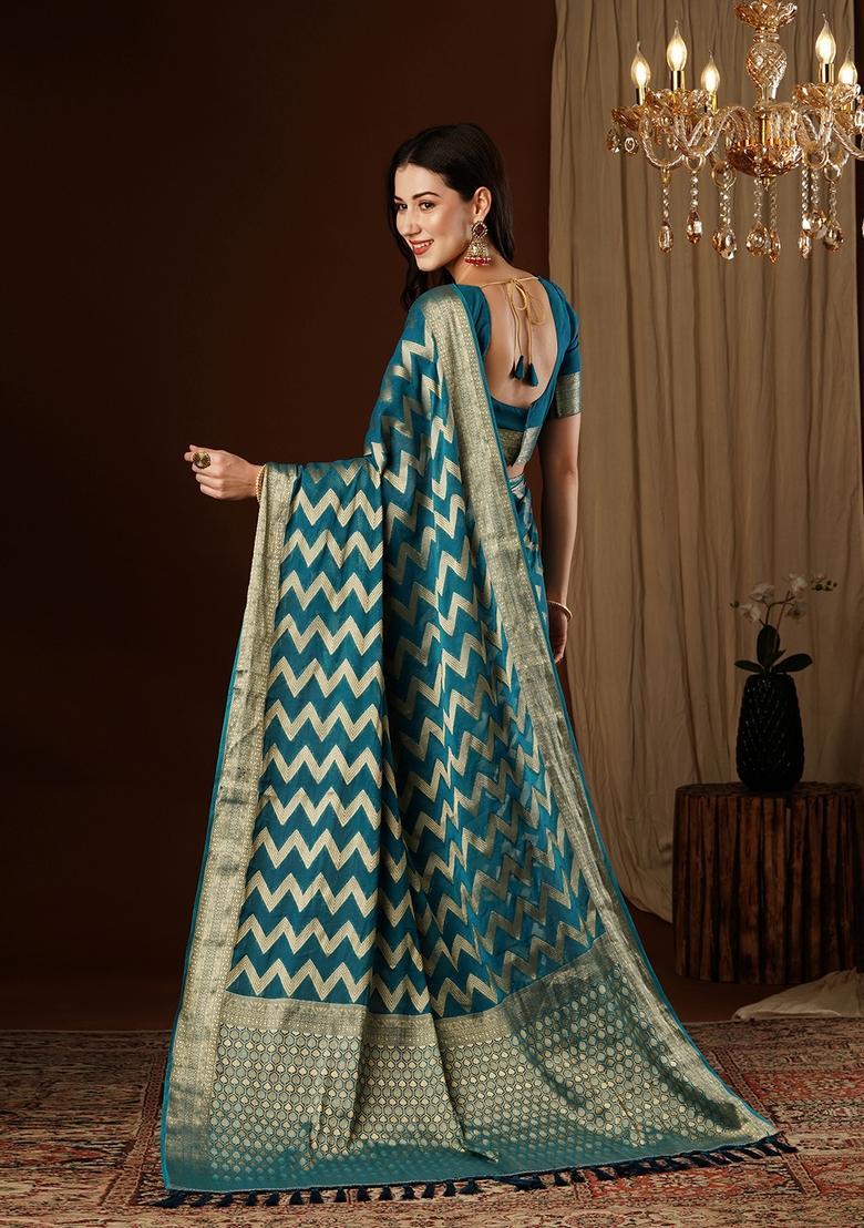 Teal Blue Zari Work Georgette Saree Set - Indya