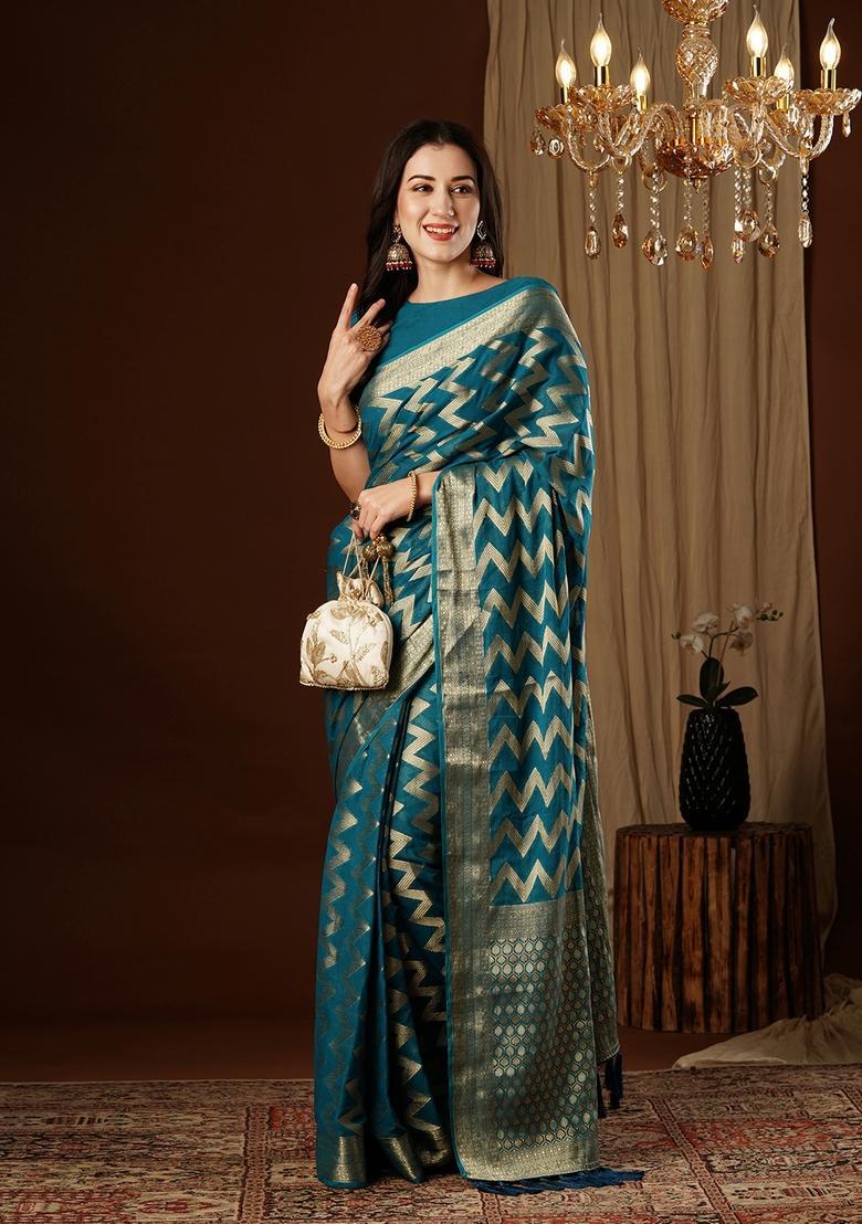 Teal Blue Zari Work Georgette Saree Set - Indya