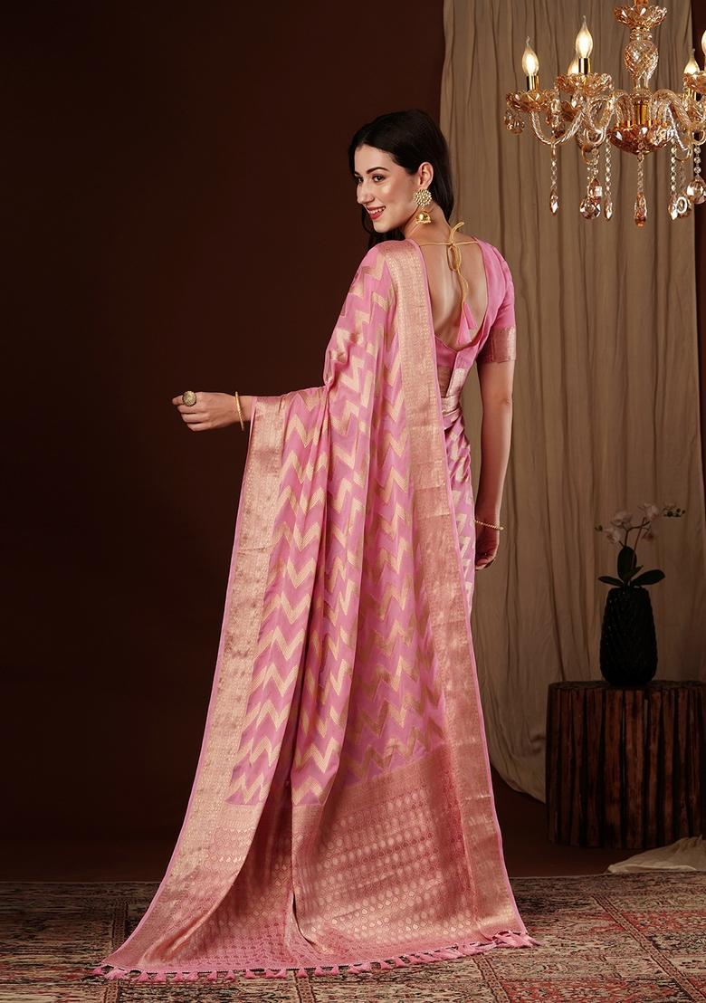 Pink Zari Work Georgette Saree Set - Indya