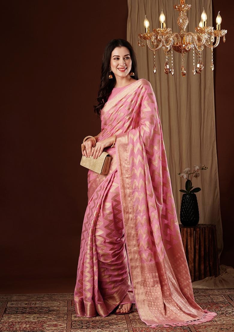 Pink Zari Work Georgette Saree Set - Indya