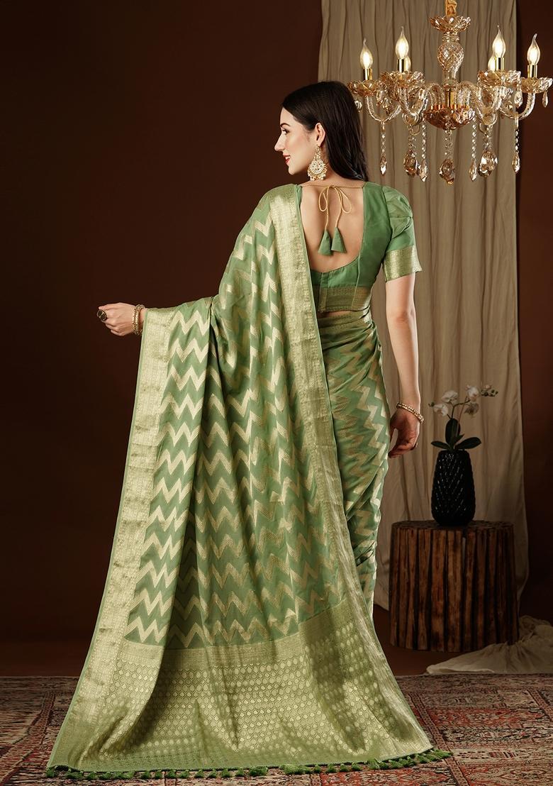 Green Zari Work Georgette Saree Set - Indya