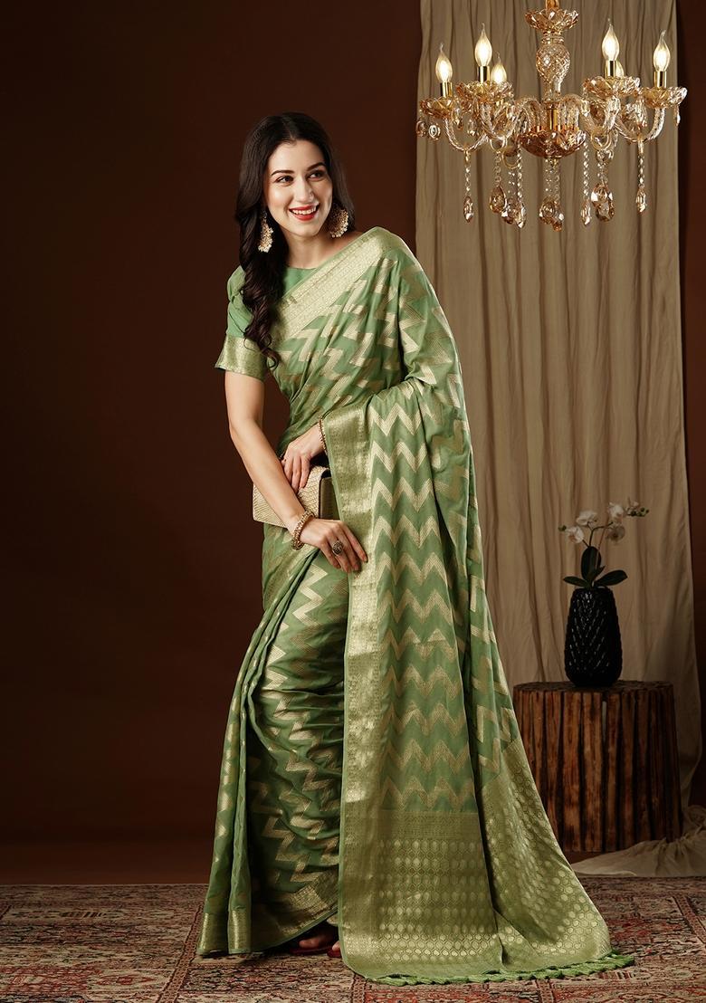 Green Zari Work Georgette Saree Set - Indya