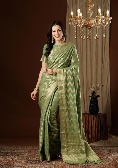 Green Zari Work Georgette Saree Set — view on Indya