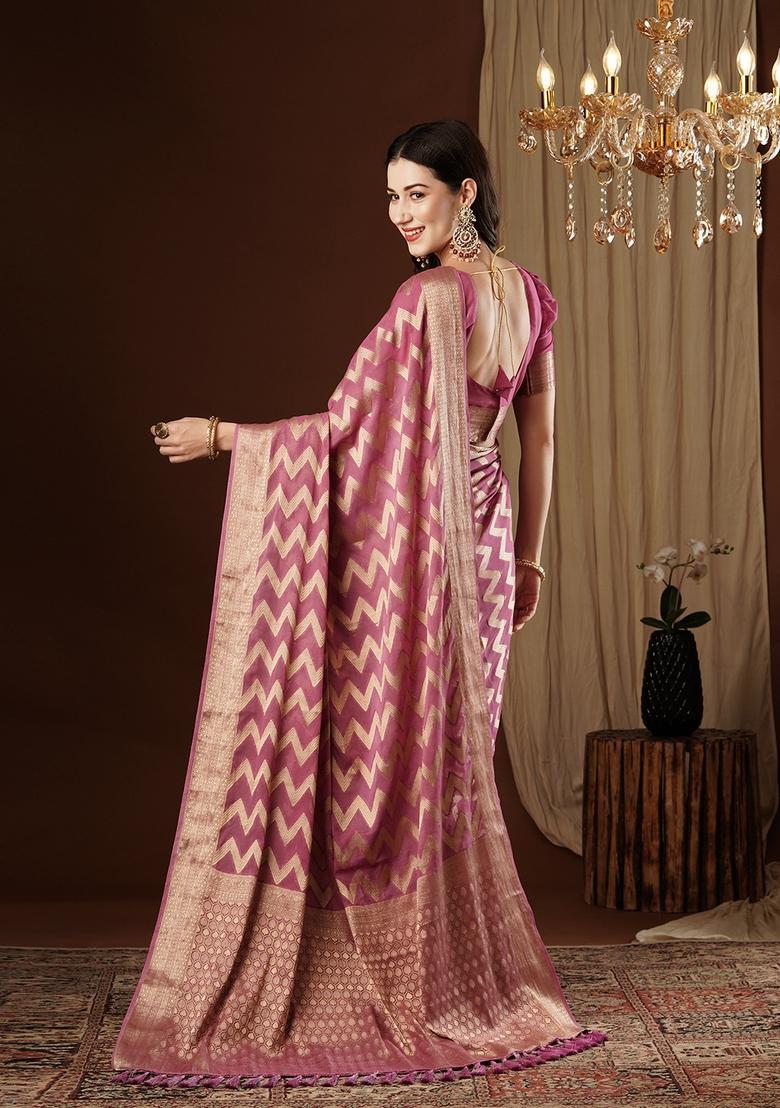 Purple Zari Work Georgette Saree Set - Indya