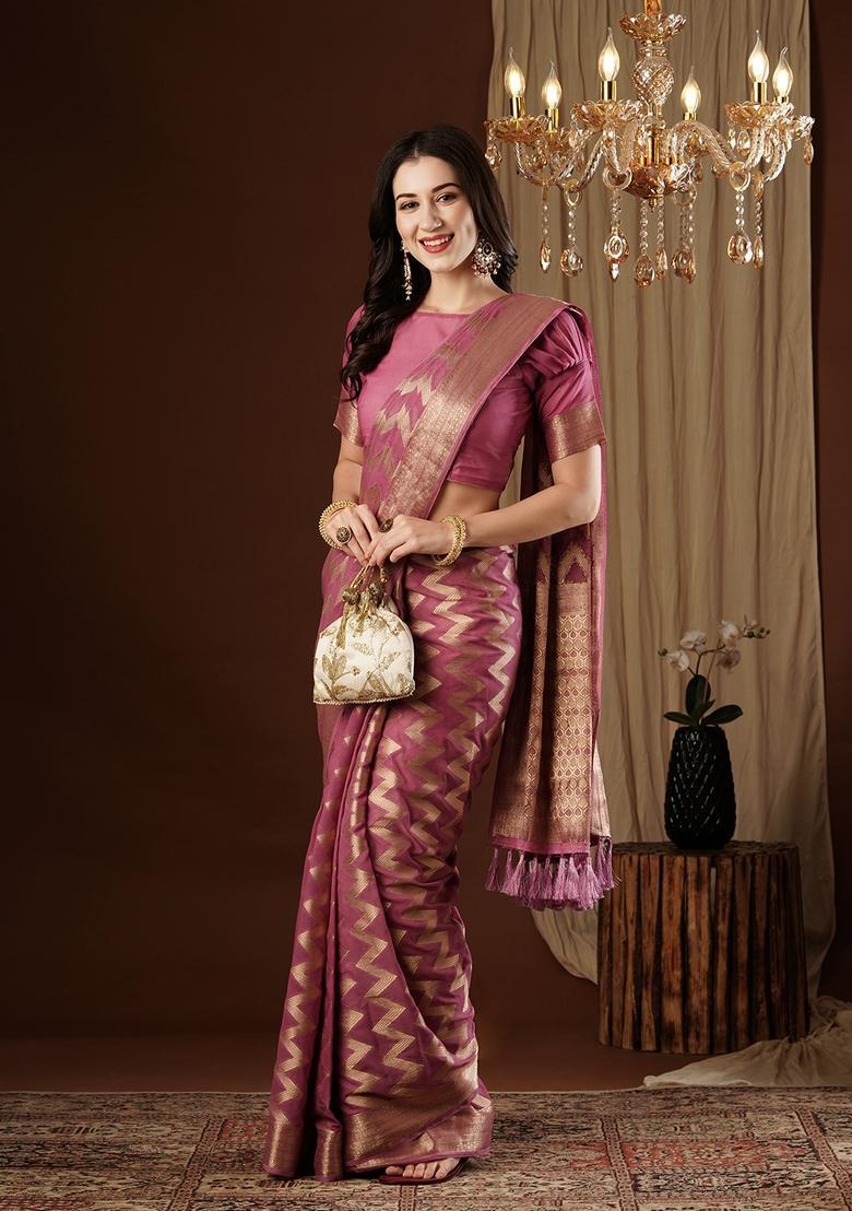 Purple Zari Work Georgette Saree Set - Indya