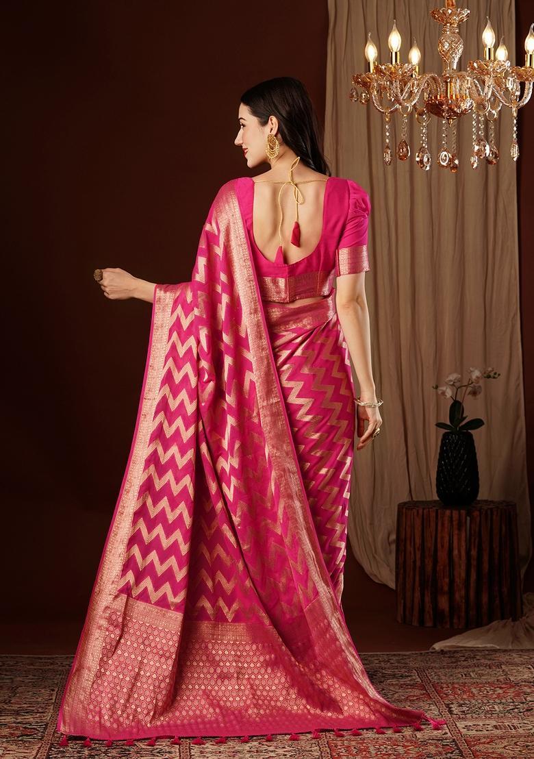 Pink Zari Work Georgette Saree Set - Indya