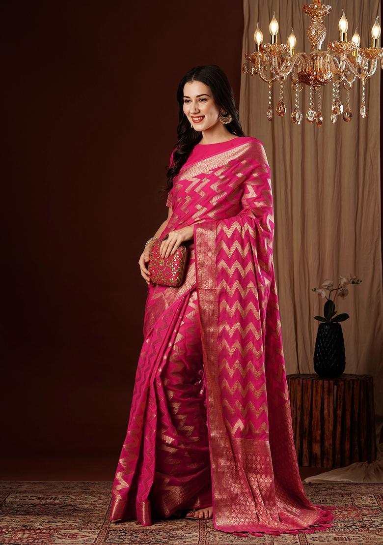 Pink Zari Work Georgette Saree Set - Indya