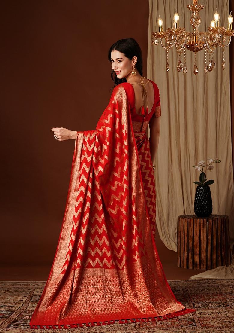 Red Zari Work Georgette Saree Set - Indya