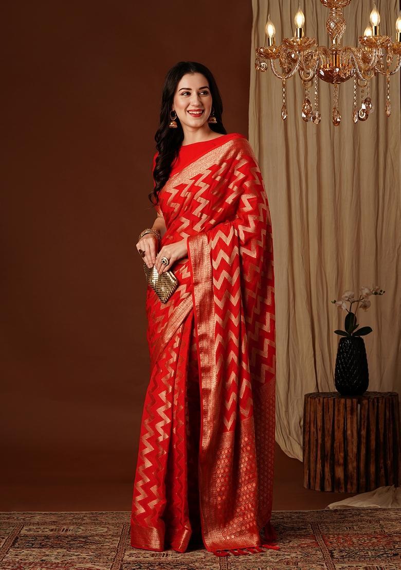 Red Zari Work Georgette Saree Set - Indya