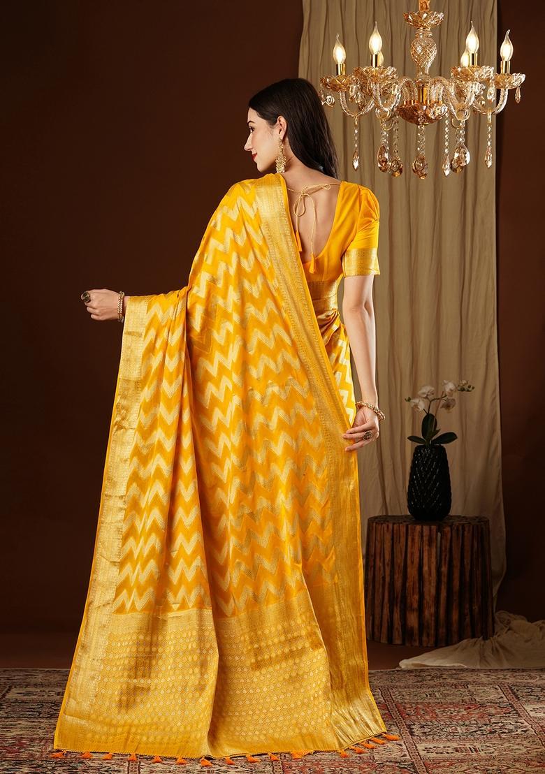Yellow Zari Work Georgette Saree Set - Indya