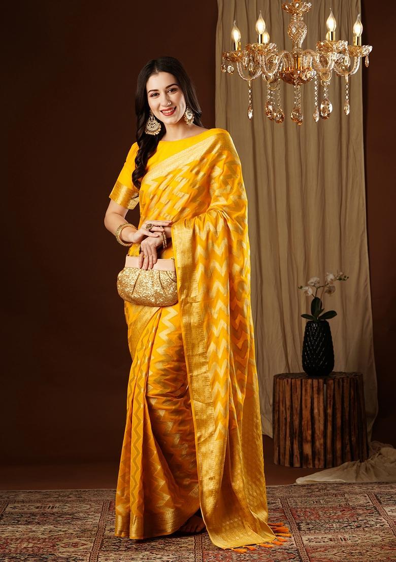 Yellow Zari Work Georgette Saree Set - Indya