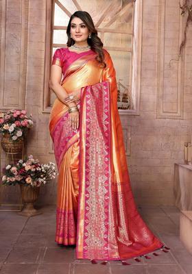 Orange Zari Work Silk Saree Set