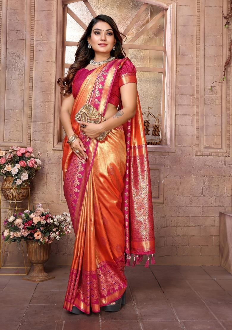 Orange Zari Work Silk Saree Set - Indya