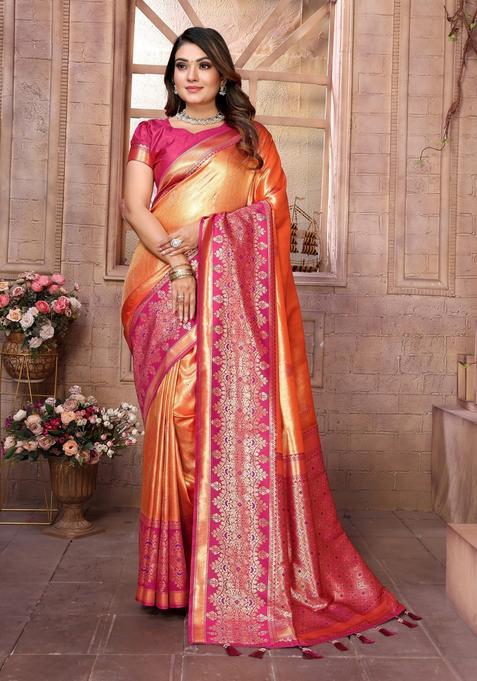 Orange Zari Work Silk Saree Set