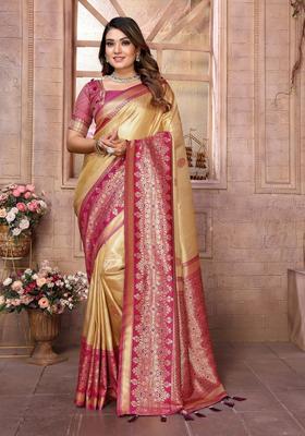 Cream Zari Work Silk Saree Set