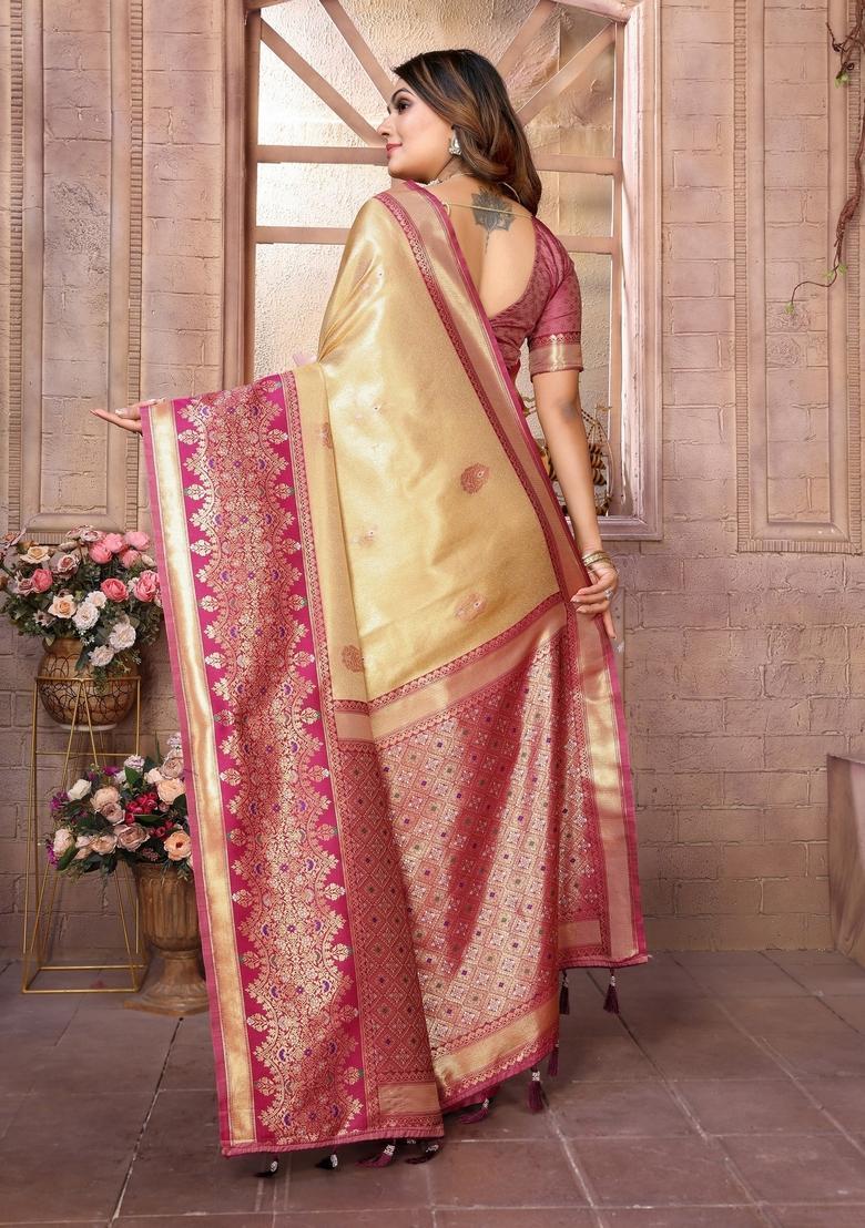 Cream Zari Work Silk Saree Set - Indya