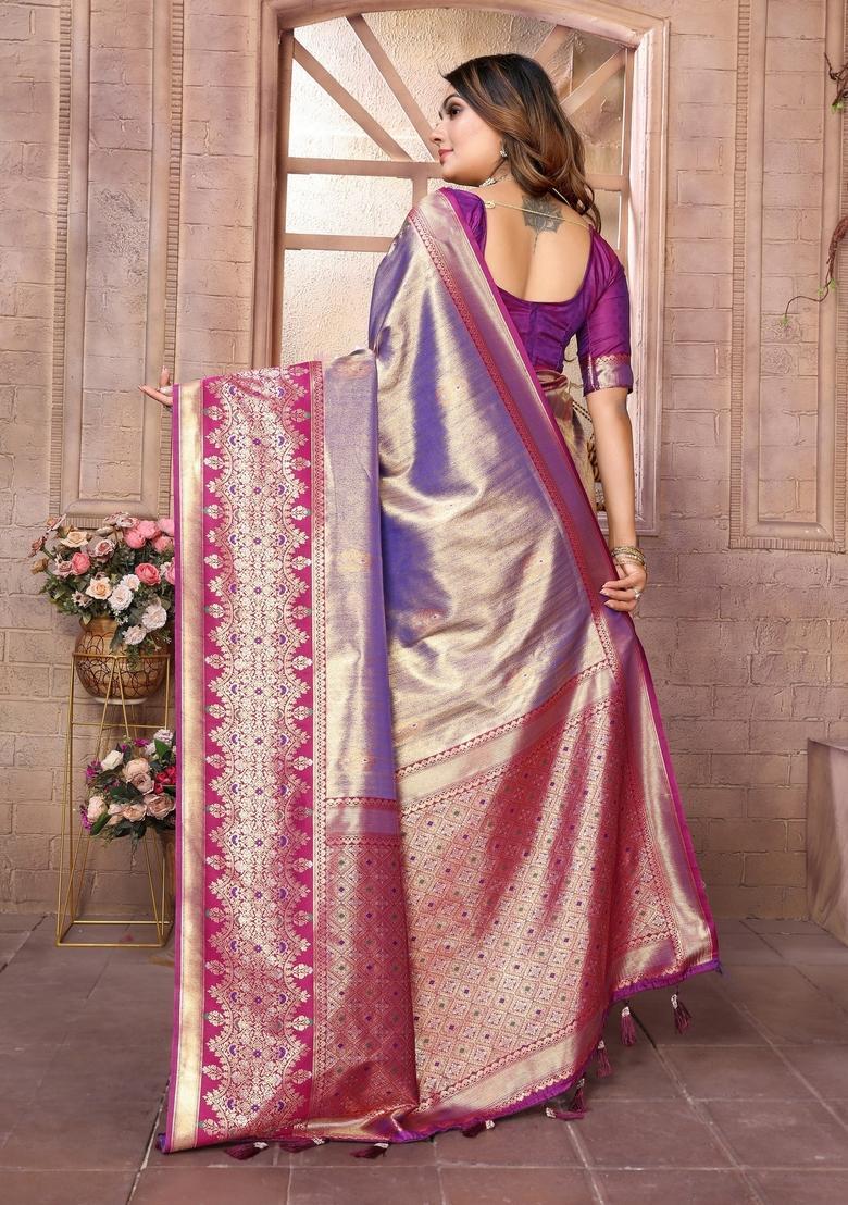 Lavender Zari Work Silk Saree Set - Indya