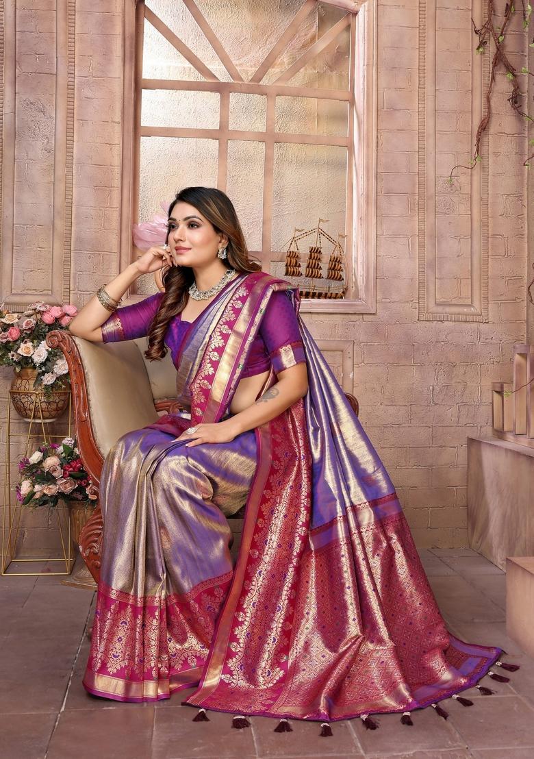 Lavender Zari Work Silk Saree Set - Indya