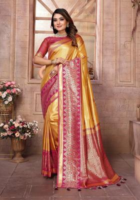 Yellow Zari Work Silk Saree Set