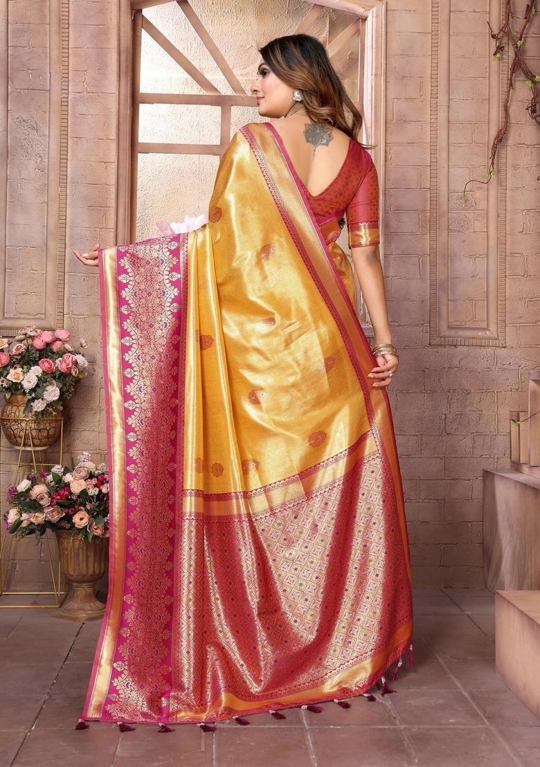 Yellow Zari Work Silk Saree Set - Indya