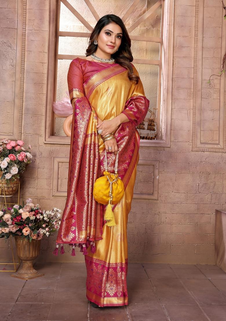 Yellow Zari Work Silk Saree Set - Indya