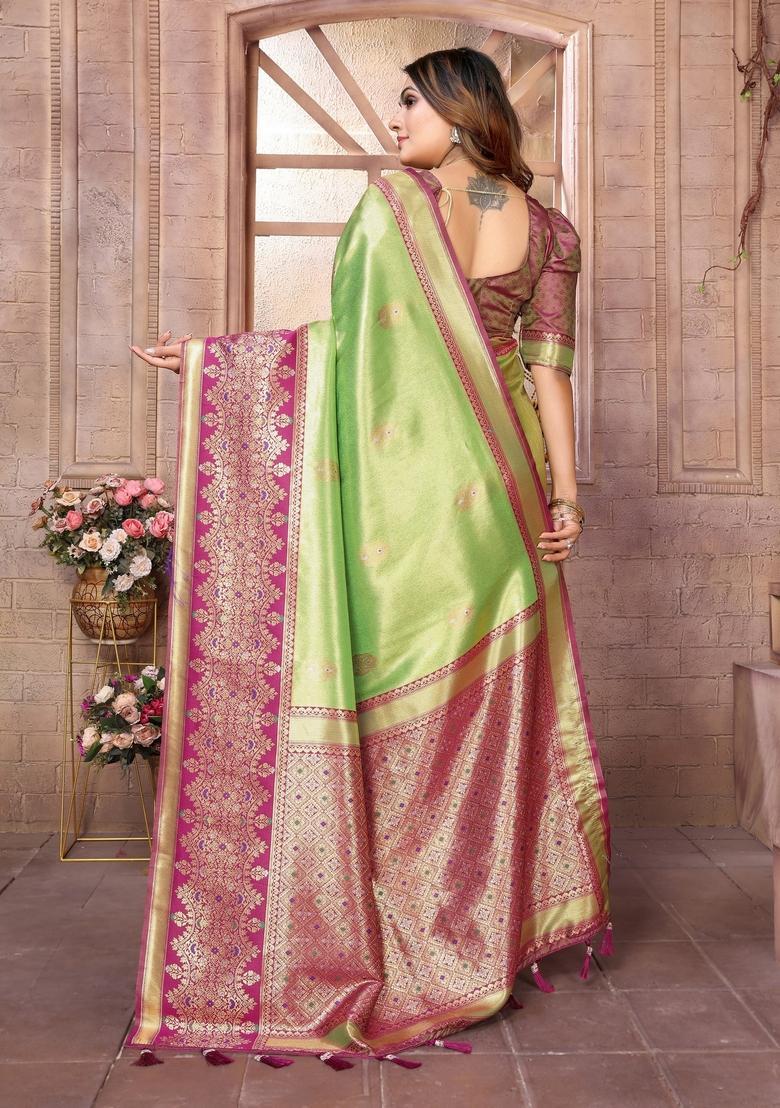 Green Zari Work Silk Saree Set - Indya