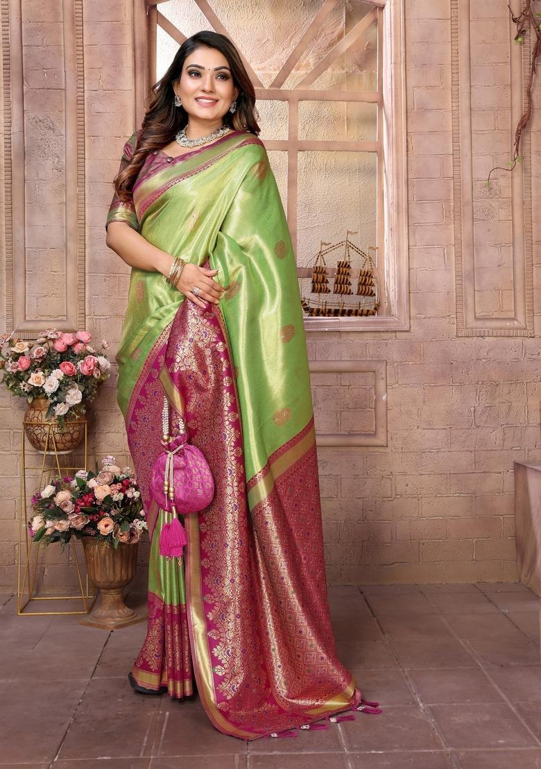 Green Zari Work Silk Saree Set - Indya