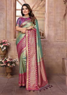 Sky Blue Zari Work Silk Saree Set