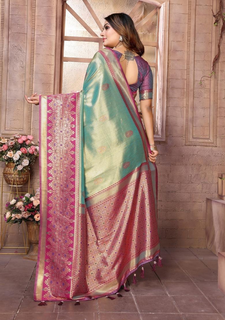 Sky Blue Zari Work Silk Saree Set - Indya