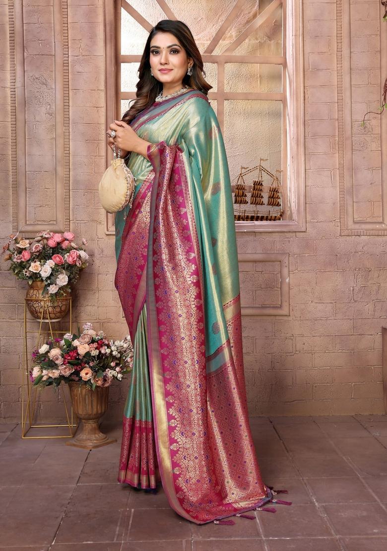 Sky Blue Zari Work Silk Saree Set - Indya