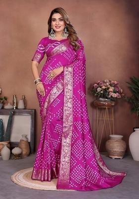 Purple Bandhej Silk Saree Set