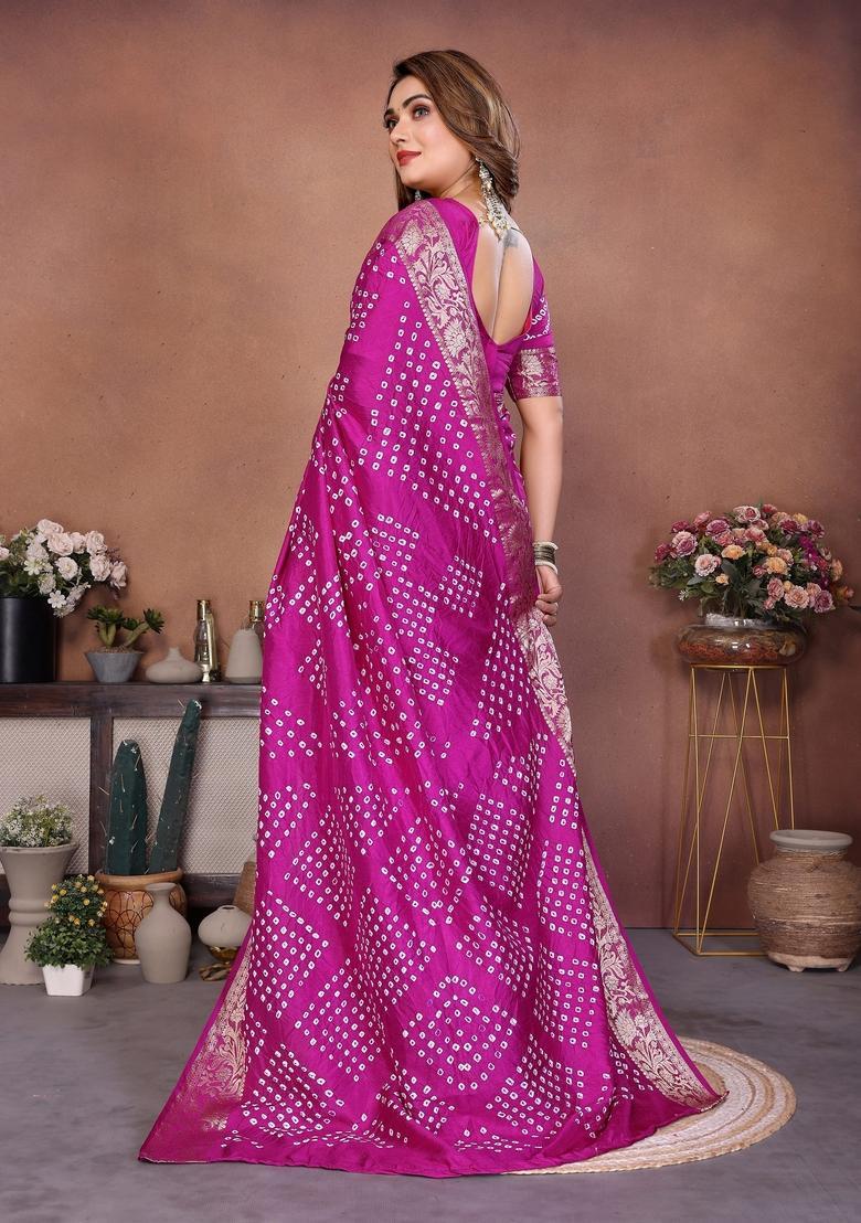 Purple Bandhej Silk Saree Set - Indya