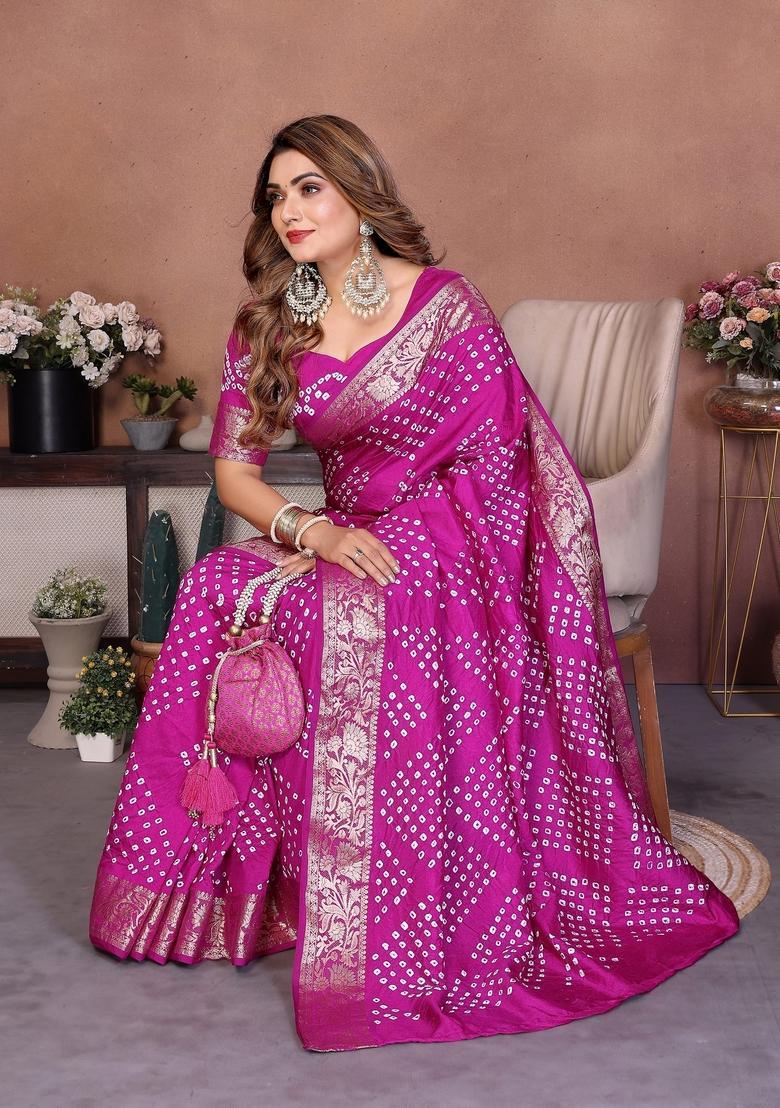 Purple Bandhej Silk Saree Set - Indya