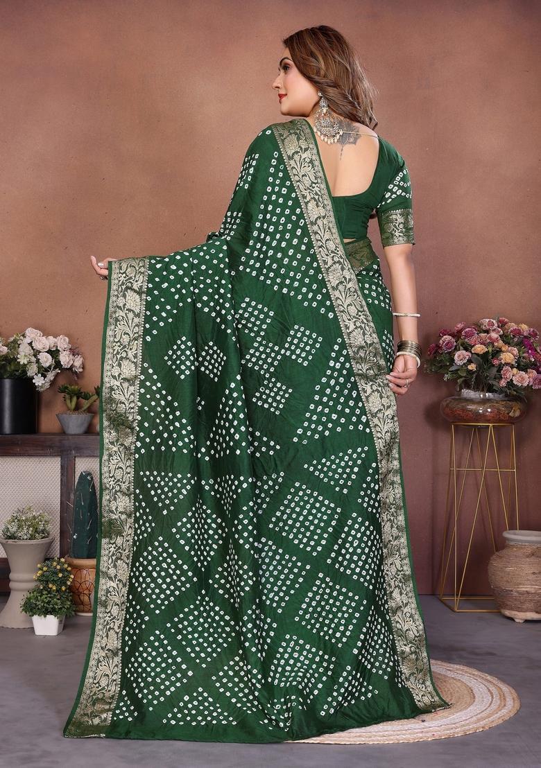 Green Bandhej Silk Saree Set - Indya