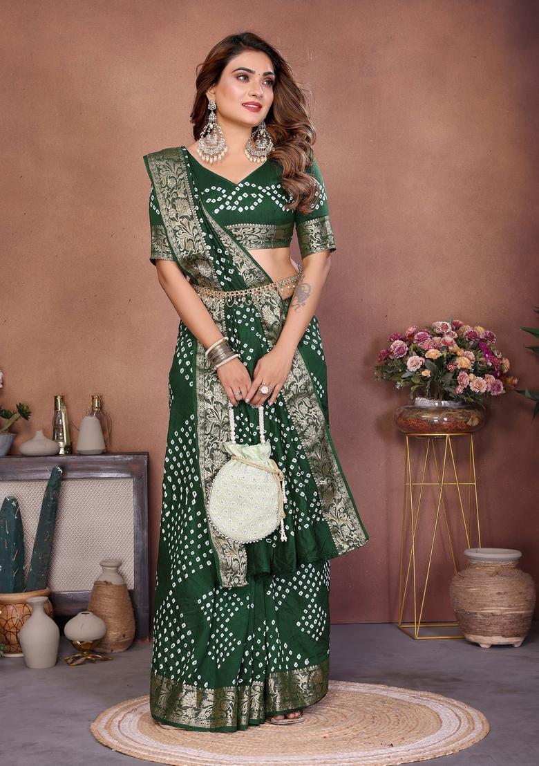 Green Bandhej Silk Saree Set - Indya