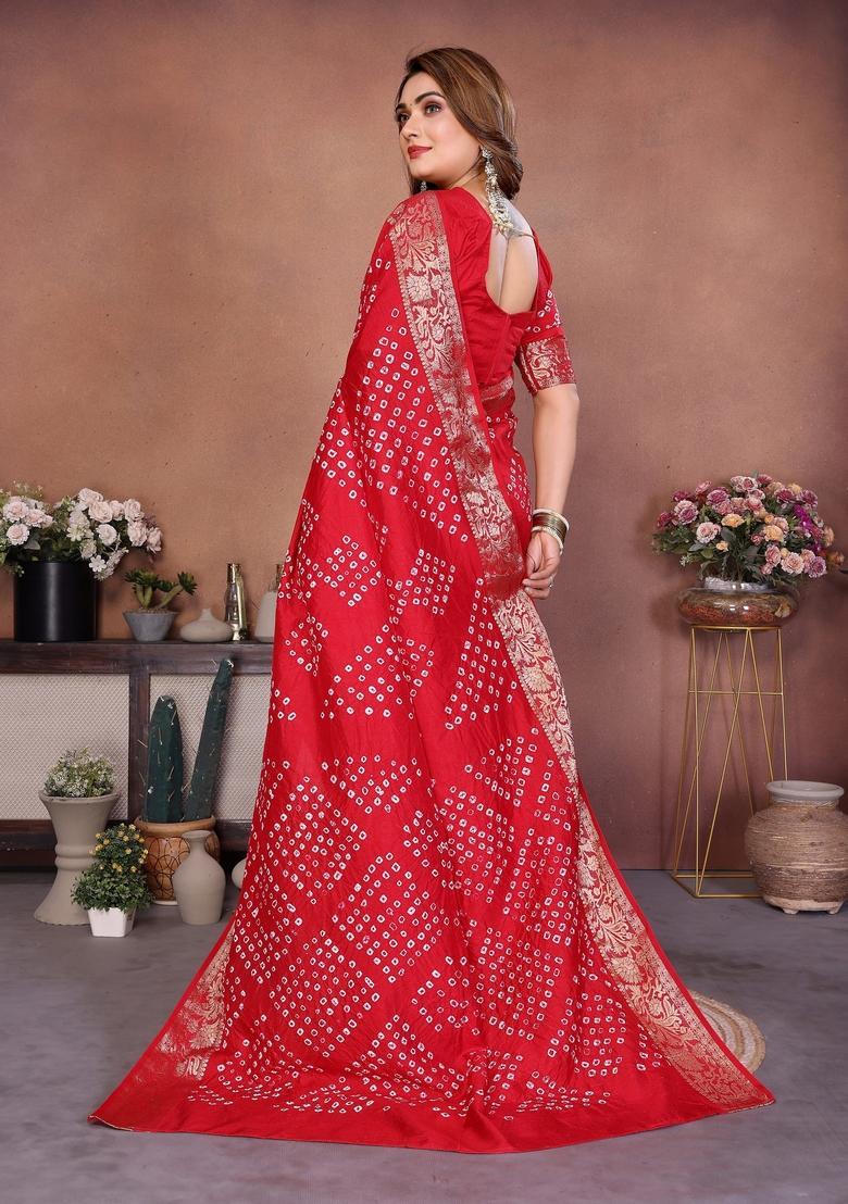 Red Bandhej Silk Saree Set - Indya
