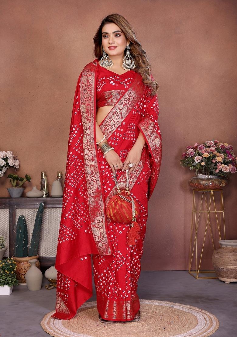 Red Bandhej Silk Saree Set - Indya