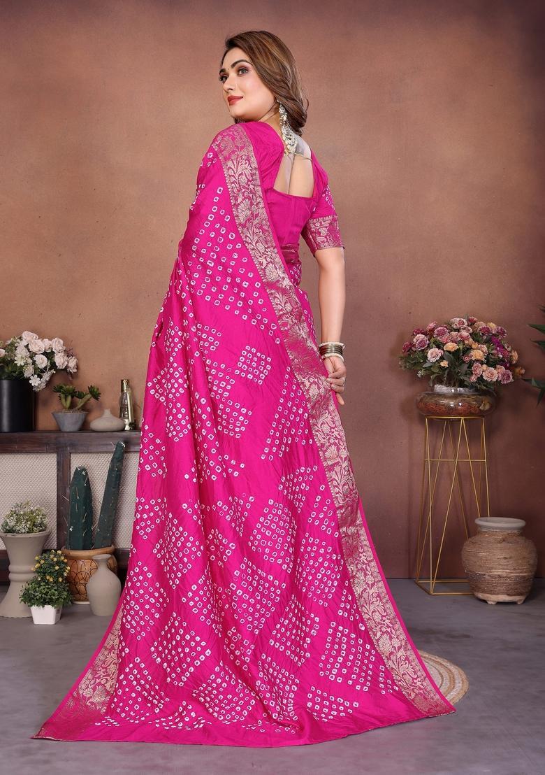 Pink Bandhej Silk Saree Set - Indya