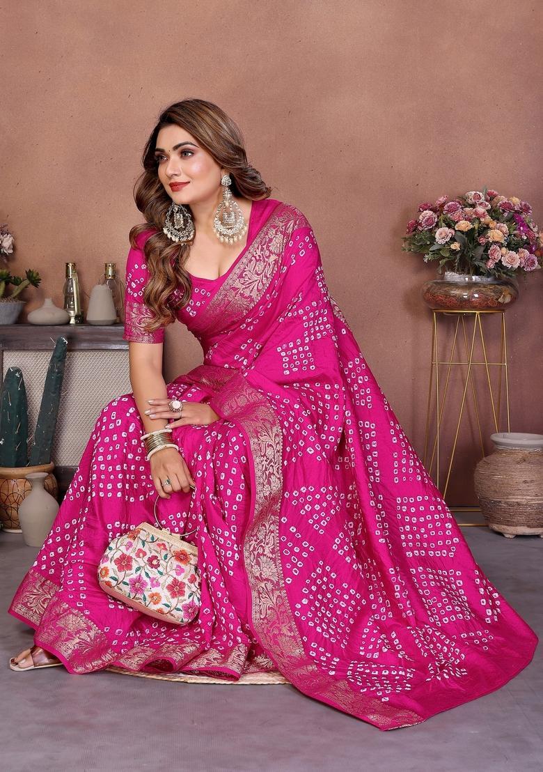 Pink Bandhej Silk Saree Set - Indya