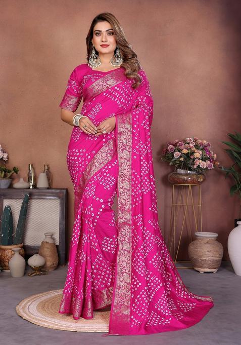Pink Bandhej Silk Saree Set