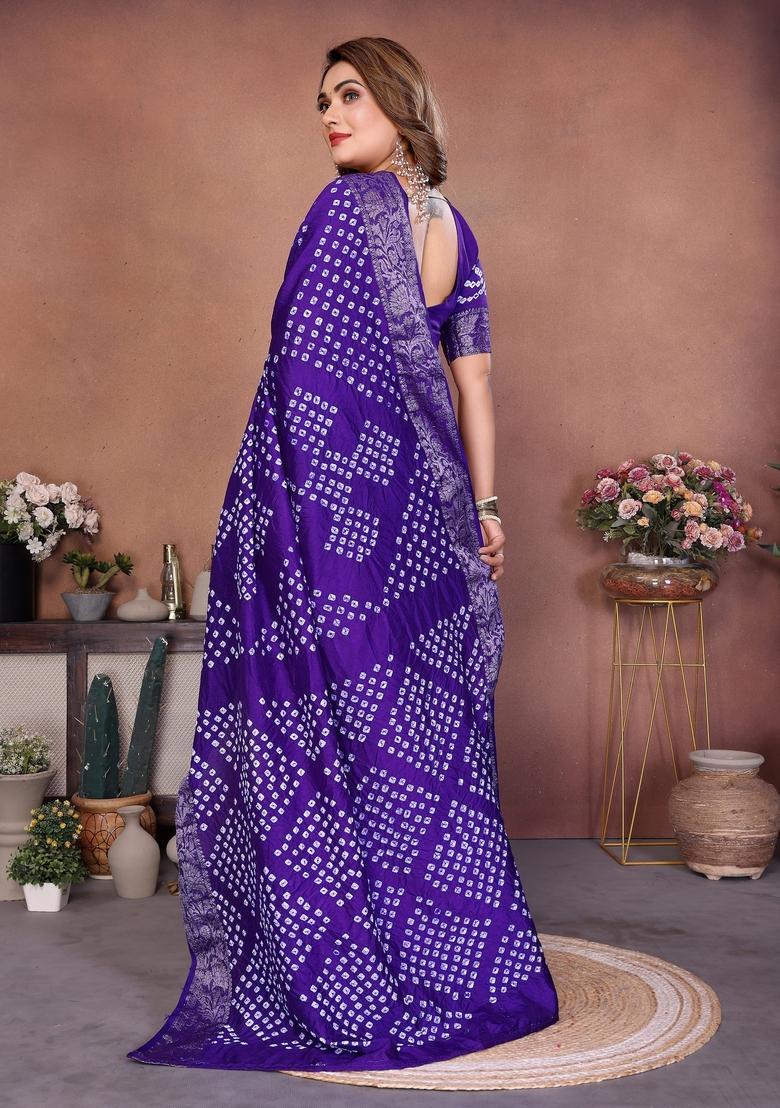 Violet Bandhej Silk Saree Set - Indya